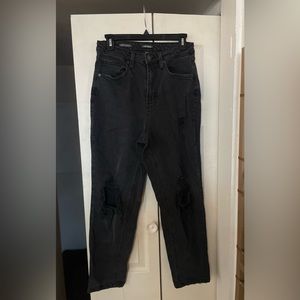 Super high rise curvy black jeans with distressing, size 8